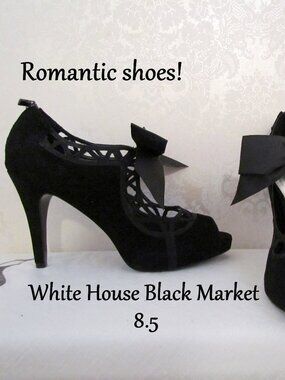 ROMANTIC HEELS, 8.5, WHITE HOUSE BLACK MARKET SUEDE LEATHER, BOWS, CUTOUTS, EUC